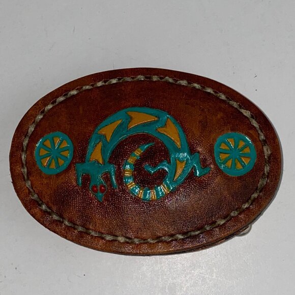 VTG Belt Buckle Master Leather Artist John Glassford Oval Tooled Gecko Symbol - Picture 2 of 5